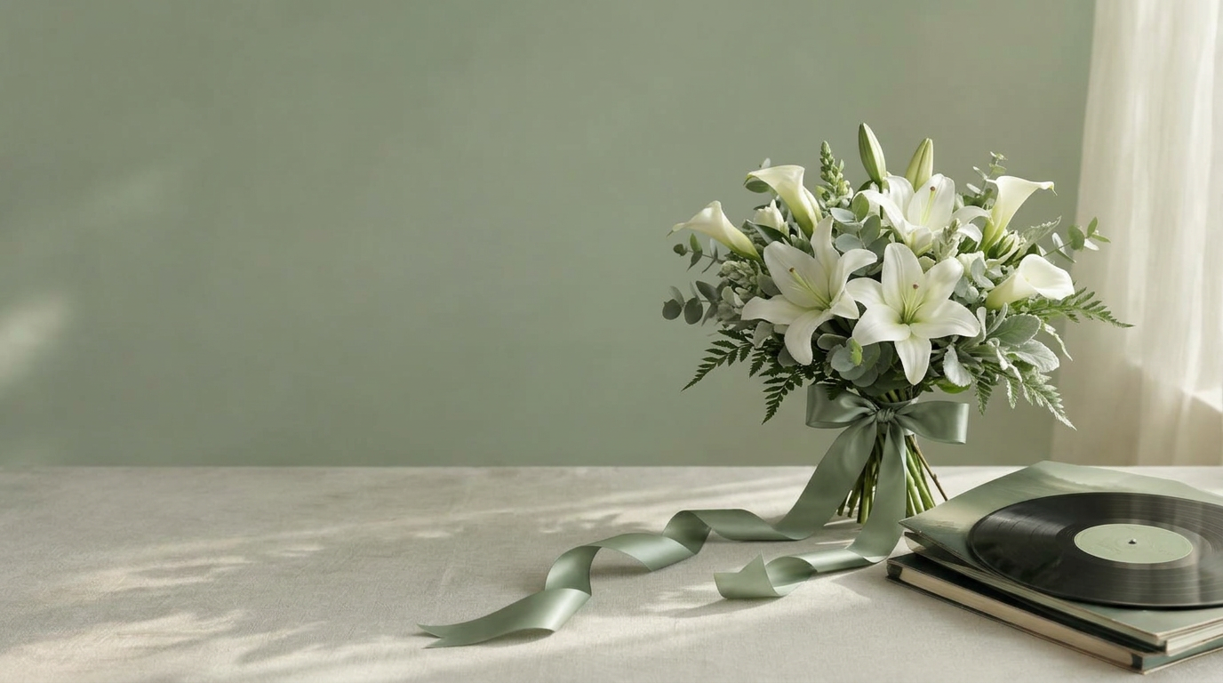 Rouwstuk van witte lelies en calla's met een saliegroen lint, naast een grammofoonplaat